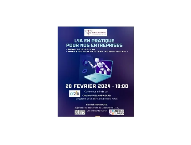 Affiche FCE Normandie « L’IA en pratique pour nos entreprises », conférence du 20 février 2024 à 19 h