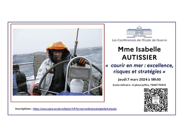 Annonce de la conférence d’Isabelle Autissier à l’École de Guerre, « Courir en mer : excellence, risques et stratégies »