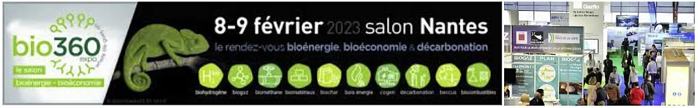 Bannière du salon Bio360 Expo, bioénergie et décarbonation, 8-9 février 2023 à Nantes, et allée d’exposants