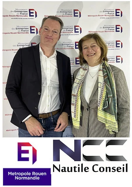 Christine Meschin et un homme posant devant le mur du MEDEF Métropole Rouen Normandie, logos MEDEF et Nautile Conseil