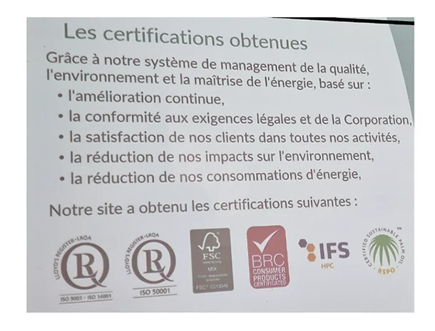Diapositive des certifications du site Kimberly-Clark : ISO 9001, ISO 14001, ISO 50001, FSC, BRC, IFS et RSPO