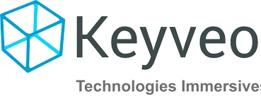 Logo bleu de Keyveo, société de technologies immersives, avec son cube stylisé et sa signature