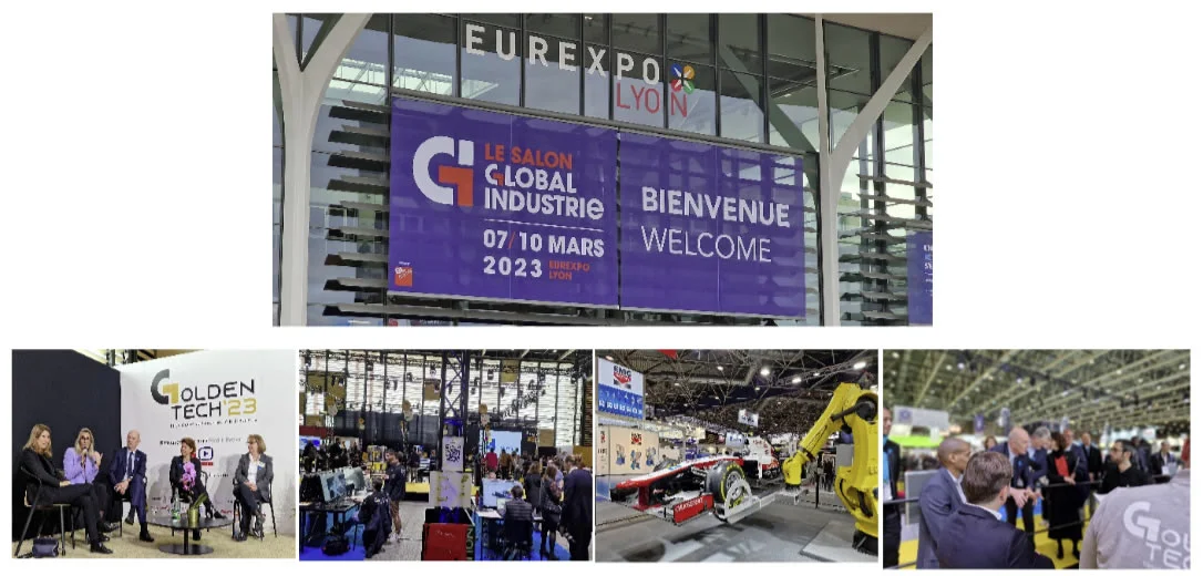 Salon Global Industrie 2023 à Eurexpo Lyon : bannière d’accueil, table ronde Golden Tech, allées et bras robotisé
