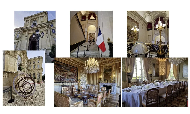 Salons du Quai d’Orsay, ministère des Affaires étrangères : escalier d’honneur, lustres et table dressée