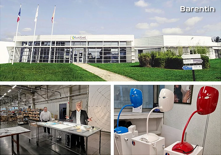 Site Lucibel à Barentin : façade et drapeaux, atelier de fabrication et appareils de photothérapie LED