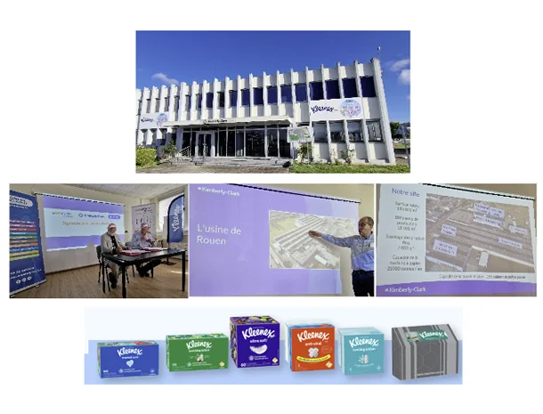Usine Kimberly-Clark de Sotteville-lès-Rouen : façade, présentation aux visiteurs et gamme de mouchoirs Kleenex