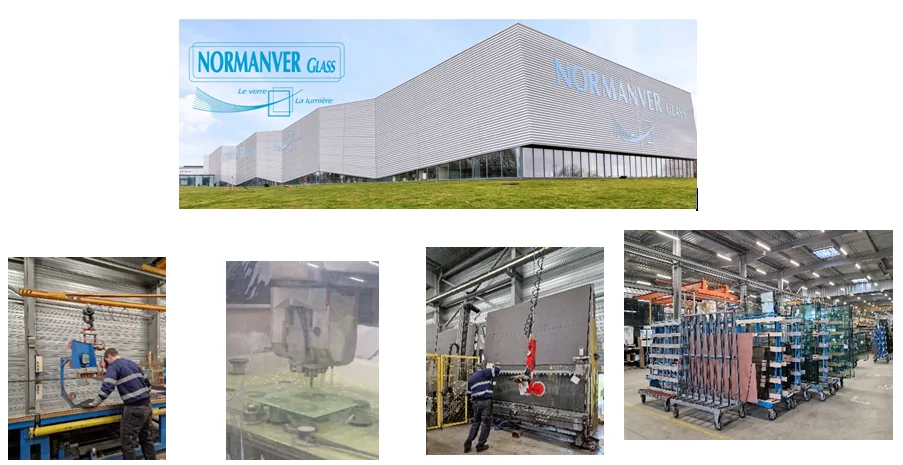 Usine Normanver Glass à Eslettes : bâtiment, manutention des vitrages et racks de plaques de verre