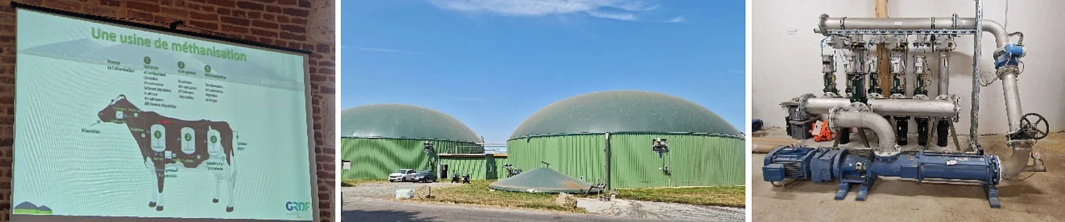 Visite d’une unité de méthanisation : schéma GRDF « Une usine de méthanisation », digesteurs verts et pompes de brassage