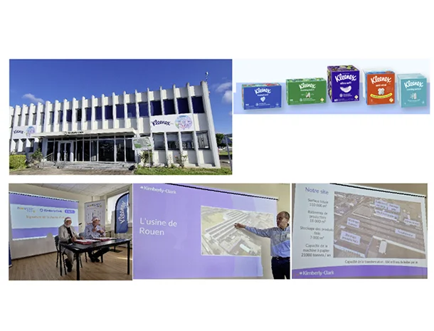 Visite de Kimberly-Clark : façade de l’usine de Rouen, boîtes de mouchoirs Kleenex et diaporama du site