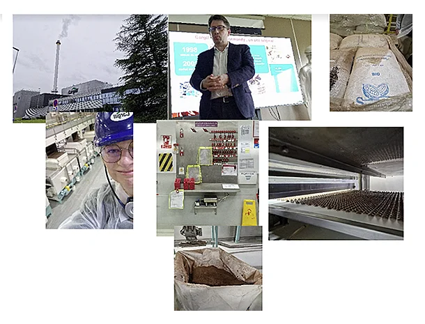 Visite de l’usine Cargill à Rouen : cheminée du site, sacs de fèves de cacao et ligne de production de chocolat